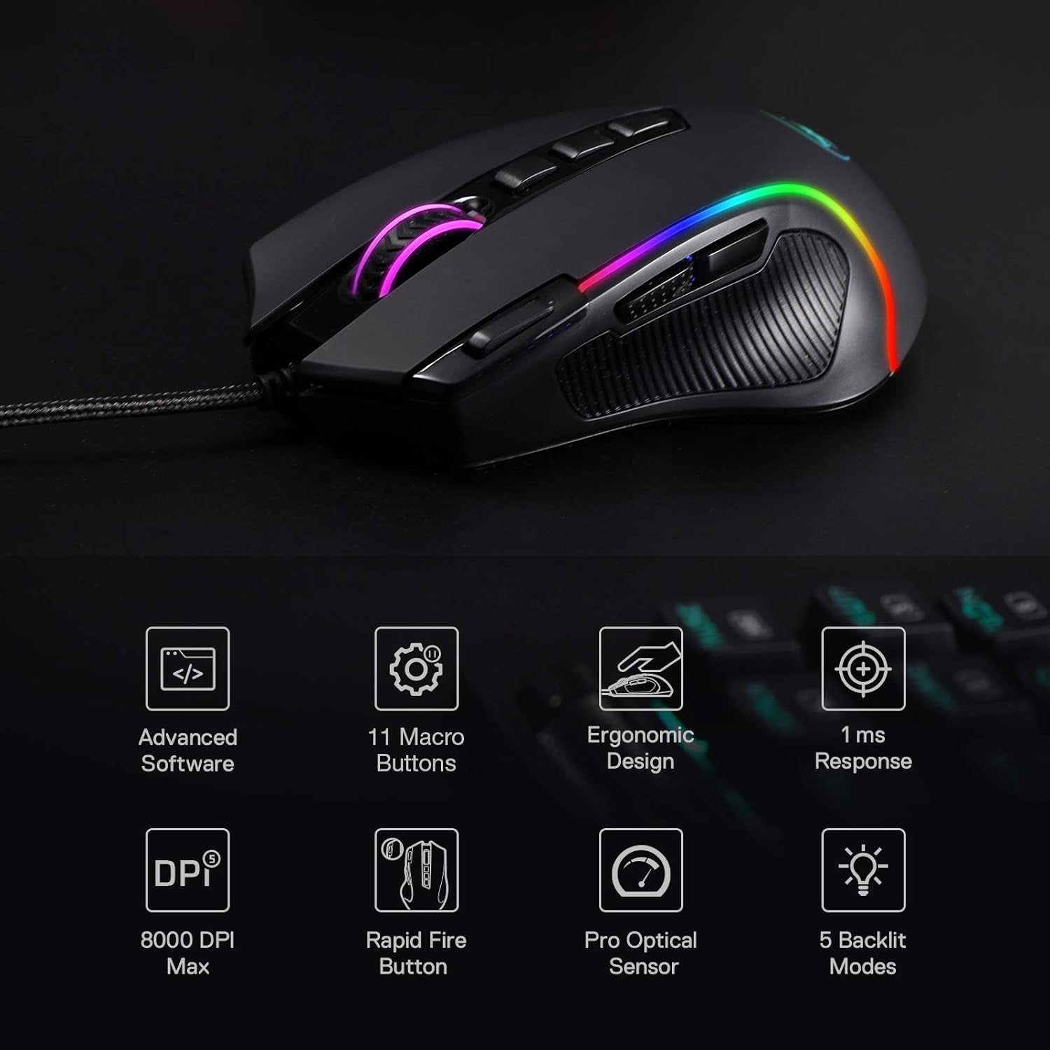 M612 Predator RGB Gaming Mouse, 8000 DPI Wired Optical Mouse with 11 Programmable Buttons & 5 Backlit Modes, Software Supports DIY Keybinds Rapid Fire Button