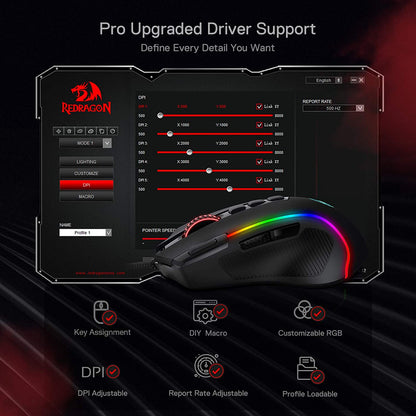 M612 Predator RGB Gaming Mouse, 8000 DPI Wired Optical Mouse with 11 Programmable Buttons & 5 Backlit Modes, Software Supports DIY Keybinds Rapid Fire Button